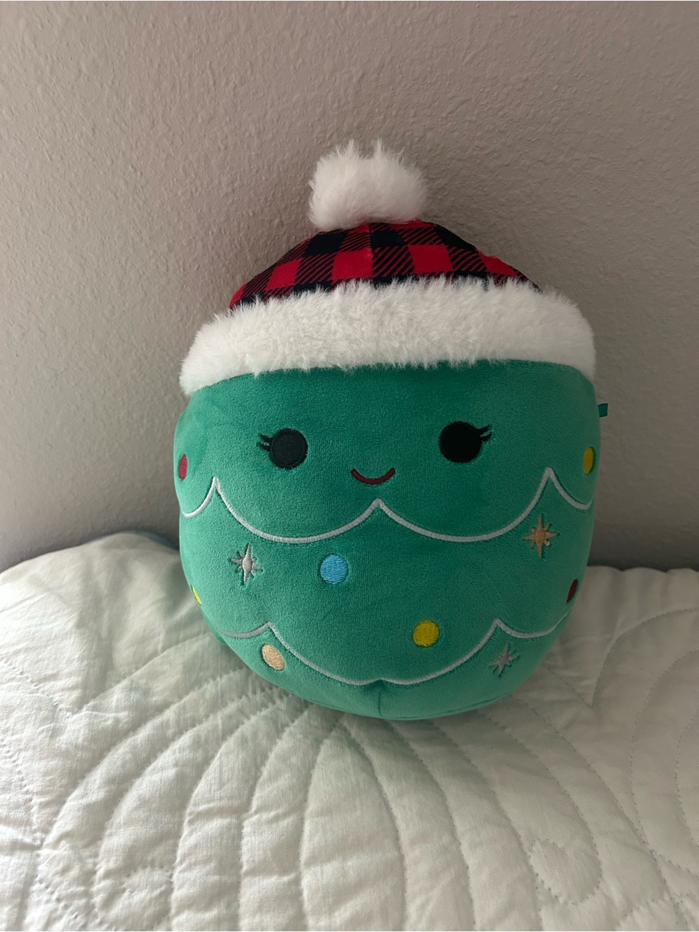 Squishmallows Leama Christmas Tree Plush Pillow with Red Plaid Hat